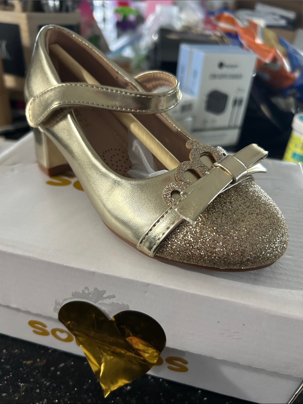 Girls Metallic Gold Mary Jane Dress Shoes with Glitter Toe